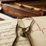 Uno stetoscopio su uno spartito con note e battito cardiaco con sullo sfondo un pianoforte