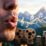 Persona interpreta canzoni col fischio con note che fluttuano uscendo dalla bocca