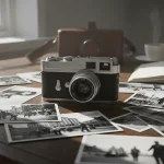 Una macchina fotografica su una serie di immagini in bianco e nero a rappresentare la storia dei fotografi famosi