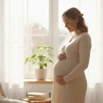 Donna in gravidanza che si accarezza il pancione in un momento di relax
