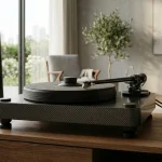 Giradischi e componenti di impianti hi-fi in un ambiente domestico moderno e luminoso con diffusori acustici in sottofondo.
