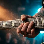 Primo piano di chitarrista che suona un riff di chitarra elettrica sotto le luci di un palco