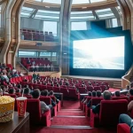 Un film al cinema in una sala elegante con spettatori seduti e fascio di luce del proiettore diretto sullo schermo