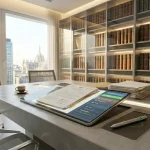 Moderno studio di notaio con libreria e documenti cartacei e digitali