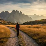 Viaggiatore che cammina lentamente in un paesaggio naturale intatto, atmosfera calma, concetto di turismo sostenibile.