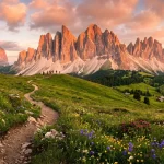 Illustrazione con dolomiti sullo sfondo e un sentiero tra prati fioriti