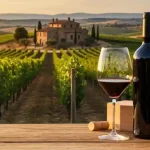 Vigneto toscano al tramonto con cantina per enoturismo