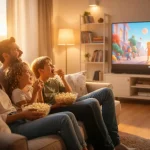 Papà, mamma e figli guardano un film per la famiglia nel salotto di casa su un divano