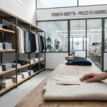 Tipica location di spacci aziendali. L'ambiente è spartano ma accogliente, con scaffali in legno e metallo pieni di rotoli di tessuto pregiato e capi d'abbigliamento.
