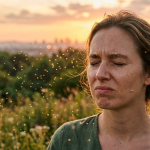 Persona in un campo con che soffre di allergie respiratorie con pollini che fluttuano nell'aria