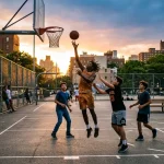 Un campo da basket in contesto urbano con ragazzi che giocano al tramonto