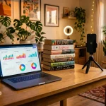 Una postazione di lavoro per booktok e blogger di libri con smartphone e luce per le riprese
