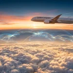 Aereo elle compagnie aeree internazionali in volo sopra una distesa di nuvole bianche durante un tramonto dorato.