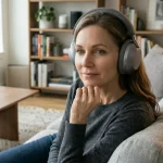 Persona su divano di casa moderna ascolta musica con cuffie a bluetooth con sguardo riflessivo