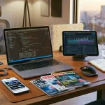 Scrivania con riviste di informatica cartacee e dispositivi elettronici con news tech e programmazione
