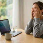 Una persona con stanchezza visiva e problemi alla salute degli occhi in un contesto di lavoro a casa con computer