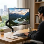 Uno spazio moderno di lavoro con un monitor che mostra un esempio di sfondi desktop sulla natura