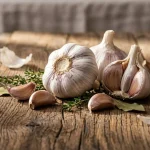 Spicchi di aglio su una tavola di legno