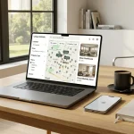 Una scrivania con un pc portatile che mostra una mappa di annunci immobiliari in un contesto abitativo moderno e luminoso