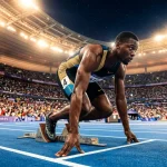 Atleta ai blocchi di partenza in una gara di atletica in un grande stadio