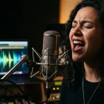Cantante fa test di intonazione vocale davanti a microfono con onda della sua voce su monitor pc