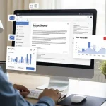 Persona davanti al pc mentre scrive una newsletter, con icone di email, grafici e notifiche sullo schermo