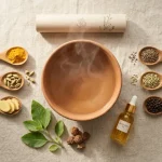 Composizione di Ayurveda su sfondo in lino beige, con una ciotola di terracotta centrale che emette vapore, cucchiai di legno con spezie, foglie medicinali e un flacone di olio ayurvedico.