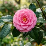Primo piano di un fiore di camelia rosa completamente sbocciato