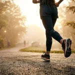Inquadratura dal basso e di spalle di una persona intenta a correre su un sentiero asfaltato in un parco all'alba.