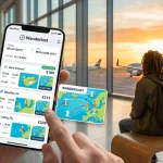 Foto ravvicinata di smartphone che mostra un servizio di comparazione di biglietti aerei in un aeroporto con aereo sullo sfondo