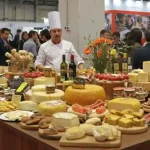 Stand tipico di fiere alimentari internazionali, con tavolo ricco di prodotti tipici italiani