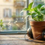 Delle note musicali che avvolgono una pianta per evidenziare il rapporto tra musica e piante
