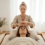 Una sessione di reiki in uno studio moderno e minimale con un rekeista che sfiora la fronte del paziente
