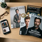 Un tavolo di legno con alcune riviste maschili in versione cartacea e digitale su uno smartphone com occhiali e caffe