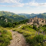 Immagine di un borgo con un sentiero per fare delle vacanze sugli appennini
