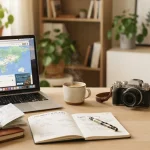 Sulla scrivania in legno, un laptop aperto mostra un'interfaccia digitale dell'agenzia di viaggi con una mappa globale e itinerari pianificati.