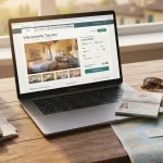 Immagine che mostra come trovare hotel al miglior prezzo usando internet. Sul tavolo un notebook, mappe e taccuini di viaggio