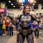 Una fiera di cosplay con cosplayer che indossa un'armatura futuristica