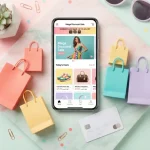 Smartphone che mostra un'app di shopping con offerte e gruppi di acquisto, circondato da sacchetti colorati, una carta di credito e accessori