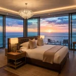 Una suite di un hotel di lusso con finestre che affacciano su un tramonto nell'oceano