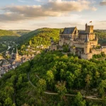 Una fotografia aerea che cattura la bellezza storica del Lussemburgo del Castello di Vianden.
