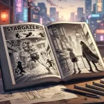 Un libro di manga aperto con penne e sfondo che richiama simboli del Giappone