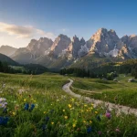 Una rappresentazione delle montagne del Friuli Venezia Giulia con un sentiero e un prato pieno di fiori colorati