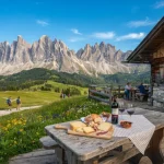 Una moderna malga delle montagne del veneto con un tavolo con specialità enogastronomiche e sullo sfondo le dolomiti