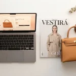 Immagine che rappresenta il concetto di shopping sugli outlet online, con computer, riviste di moda e prodotti di marca firmati