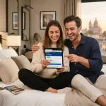 Coppia sorridente in camera d'albergo mentre utilizza un tablet per prenotare hotel online.