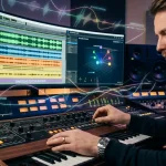 Una sessione di sound design in uno studio con un tecnico che crea effetti con sintetizzatori e strumenti di AI