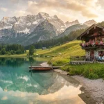 Un tipico paesaggio alpino che evoca le vacanze in Austria tra montagne e natura.