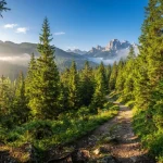 Un tipico panorama che si incontra percorrendo i sentieri durante le vacanze in Trentino: boschi, cielo terso e cime dolomitiche sullo sfondo