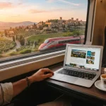 Una tipica situazione del viaggiare in treno rilassato con paesaggio collinare italiano al tramonto